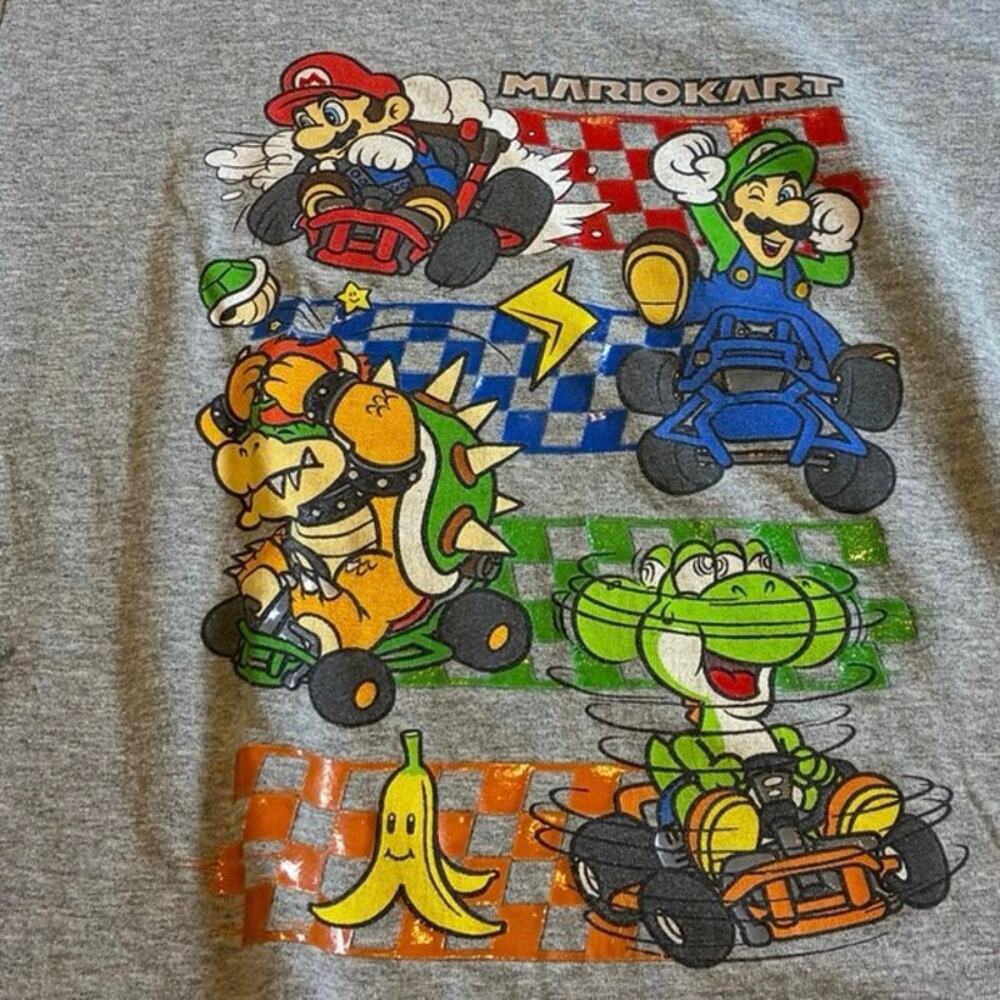 Mario Kart Nintendo Youth Size 8 Gray Graphic T Shirt Mario Luigi Bowser Yoshi